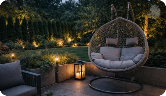 dwuosobowy fotel wiszący HIPPER. PORTOFINO na nowoczesnym tarasie jako miejsce wieczornego, letniego relaksu na świeżym powietrzu